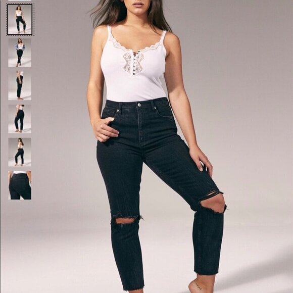 Abercrombie 2 (26) Ultra High Rise Mom Womens Jeans Black Distressed Frayed Hems - Picture 1 of 11